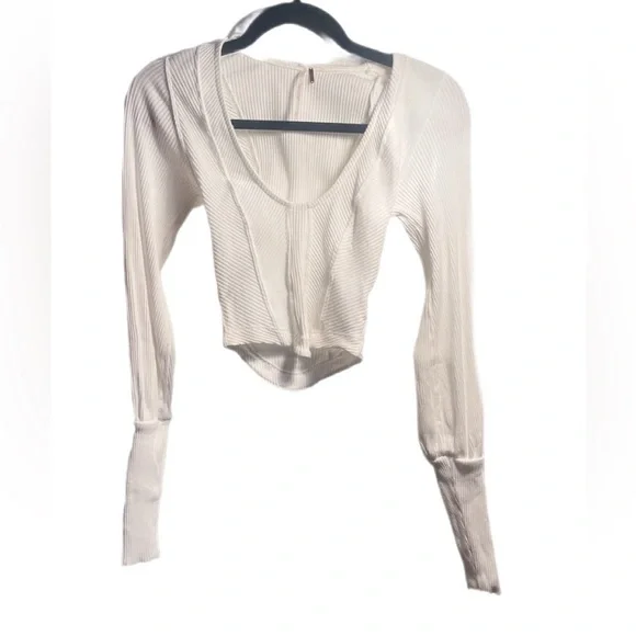 NWT Free People “Petra” long sleeve cotton seam detail white stretch crop top XS - Picture 2 of 3